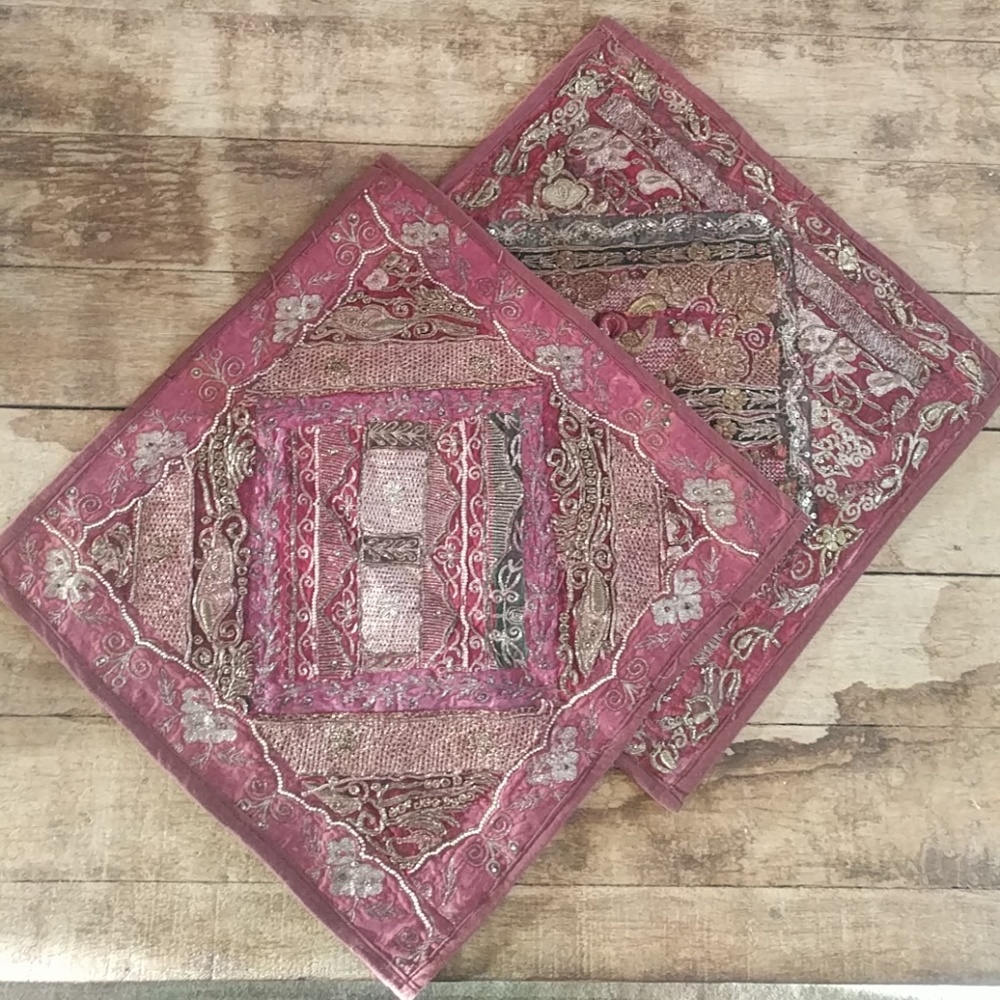 2 Cranberry & bronze handmade Indian cushions NWOT
